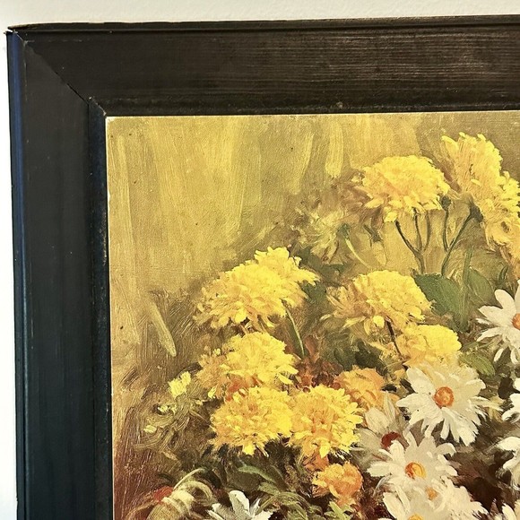 Vtg Floral Print On Wood 70’s Retro DAC N.Y. 1968 Daisies Yellow White R. Calao - Picture 2 of 7